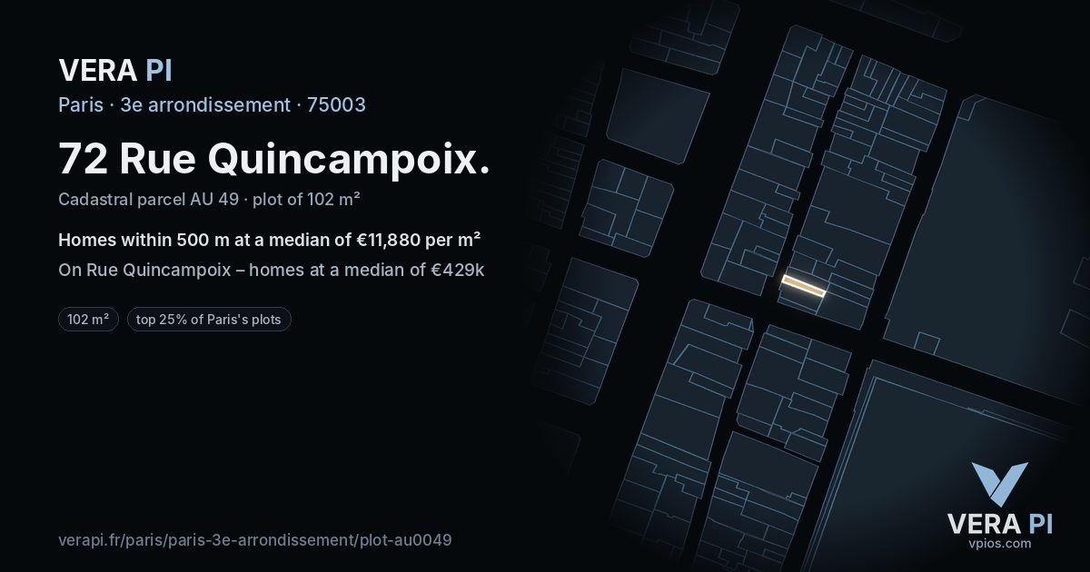 72 Rue Quincampoix, 3e arrondissement at night – the plot lit, the parcels around coloured by the prices near them