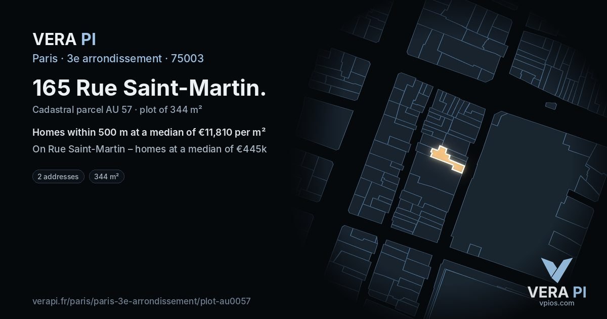 165 Rue Saint-Martin, 3e arrondissement at night – the plot lit, the parcels around coloured by the prices near them