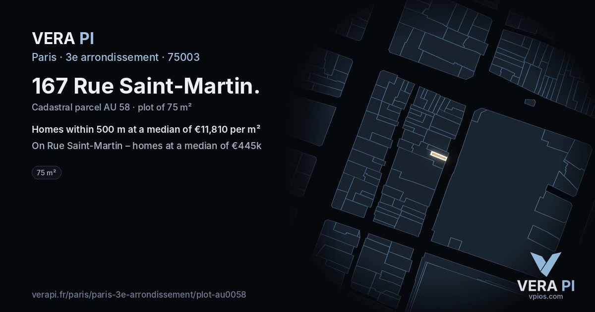 167 Rue Saint-Martin, 3e arrondissement at night – the plot lit, the parcels around coloured by the prices near them