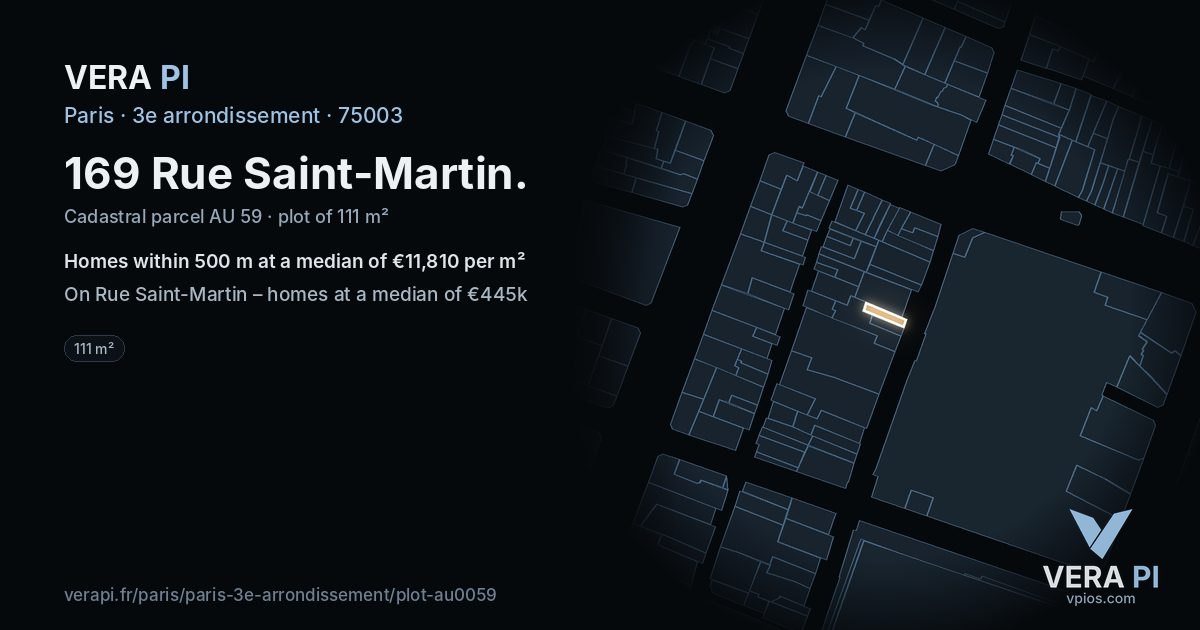169 Rue Saint-Martin, 3e arrondissement at night – the plot lit, the parcels around coloured by the prices near them