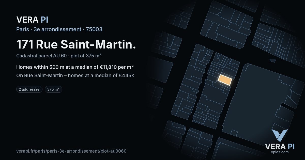171 Rue Saint-Martin, 3e arrondissement at night – the plot lit, the parcels around coloured by the prices near them