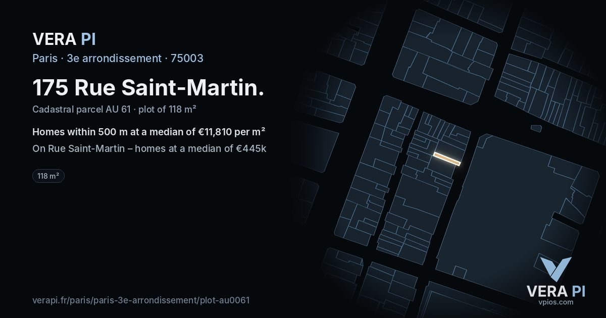 175 Rue Saint-Martin, 3e arrondissement at night – the plot lit, the parcels around coloured by the prices near them