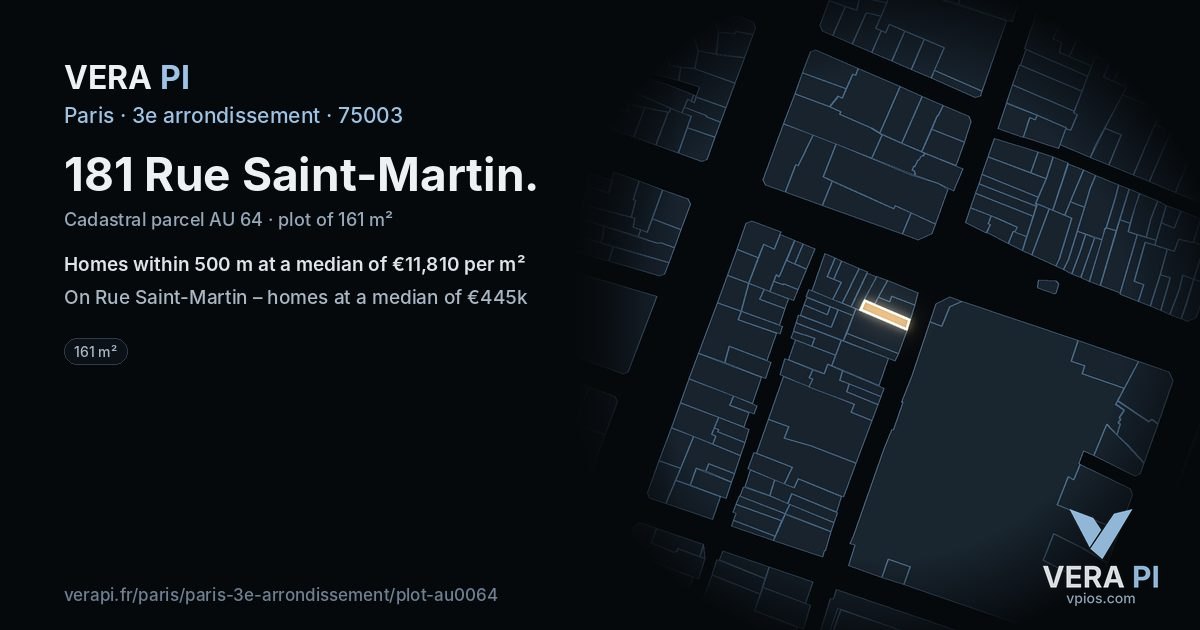 181 Rue Saint-Martin, 3e arrondissement at night – the plot lit, the parcels around coloured by the prices near them