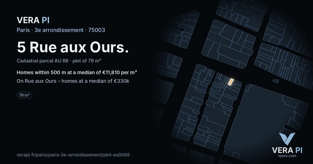 5 Rue aux Ours, 3e arrondissement at night – the plot lit, the parcels around coloured by the prices near them