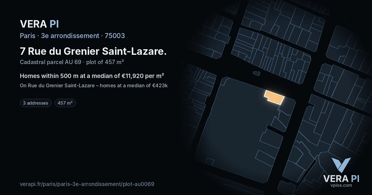 7 Rue du Grenier Saint-Lazare, 3e arrondissement at night – the plot lit, the parcels around coloured by the prices near them