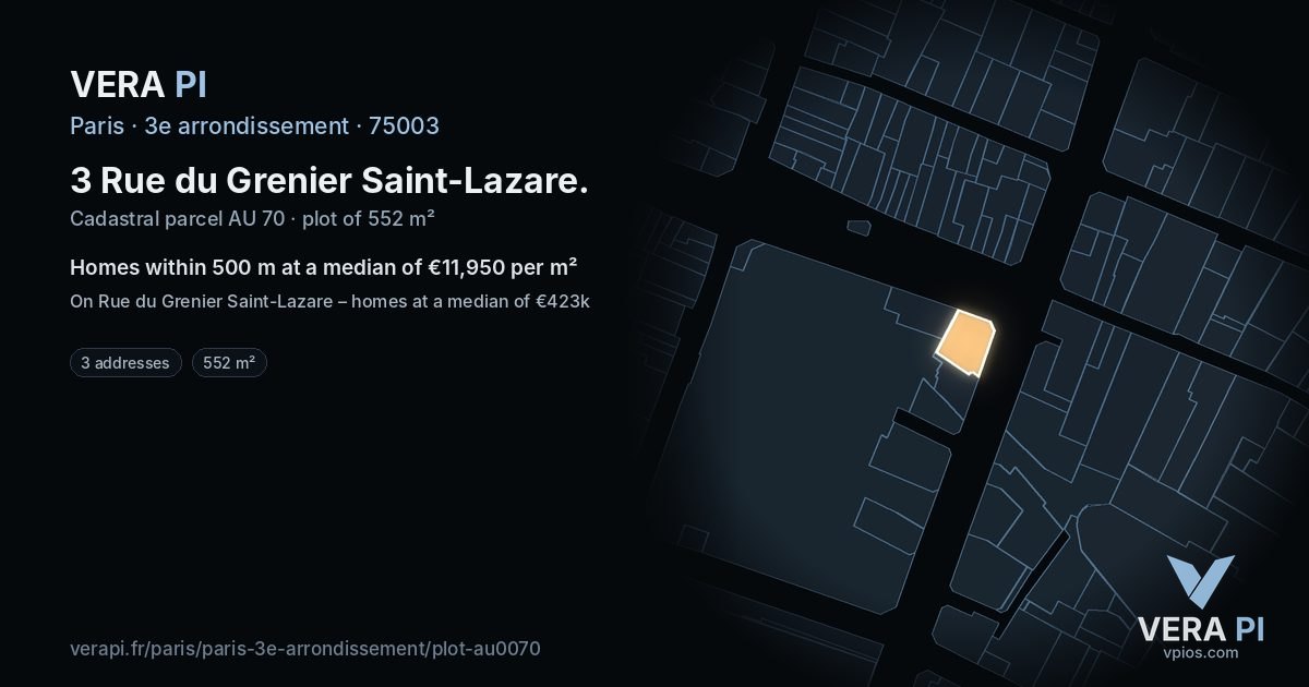 3 Rue du Grenier Saint-Lazare, 3e arrondissement at night – the plot lit, the parcels around coloured by the prices near them