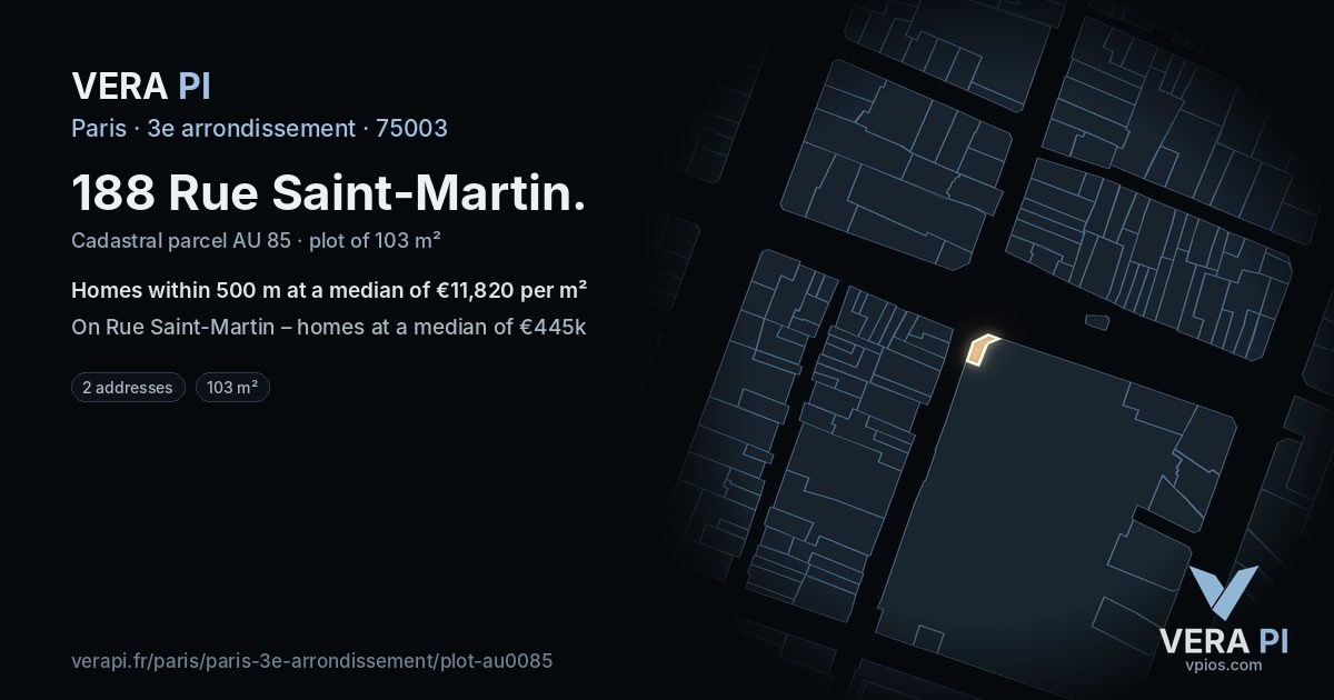 188 Rue Saint-Martin, 3e arrondissement at night – the plot lit, the parcels around coloured by the prices near them