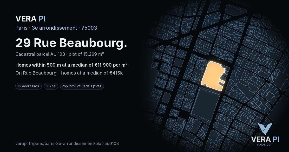 29 Rue Beaubourg, 3e arrondissement at night – the plot lit, the parcels around coloured by the prices near them