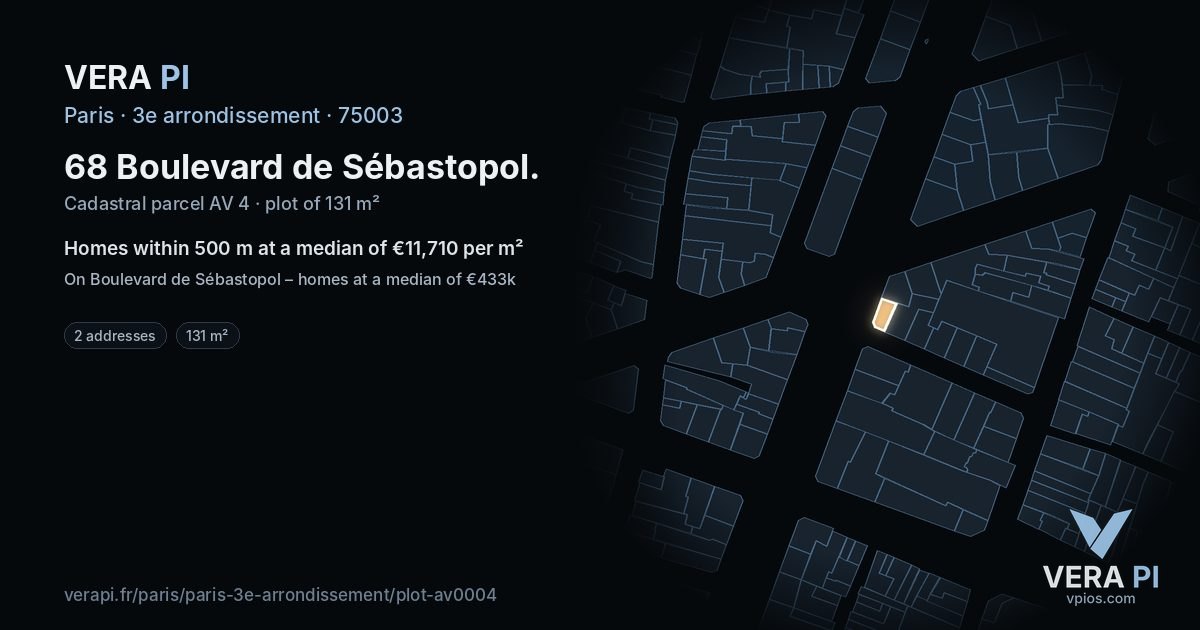68 Boulevard de Sébastopol, 3e arrondissement at night – the plot lit, the parcels around coloured by the prices near them