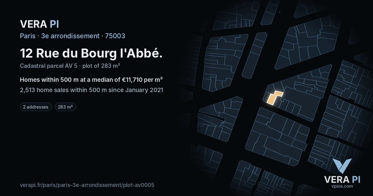 12 Rue du Bourg l'Abbé, 3e arrondissement at night – the plot lit, the parcels around coloured by the prices near them