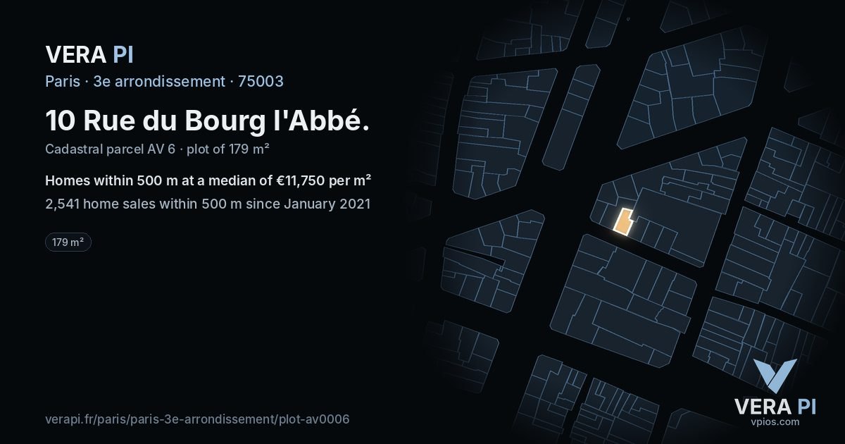 10 Rue du Bourg l'Abbé, 3e arrondissement at night – the plot lit, the parcels around coloured by the prices near them