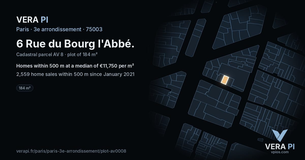 6 Rue du Bourg l'Abbé, 3e arrondissement at night – the plot lit, the parcels around coloured by the prices near them