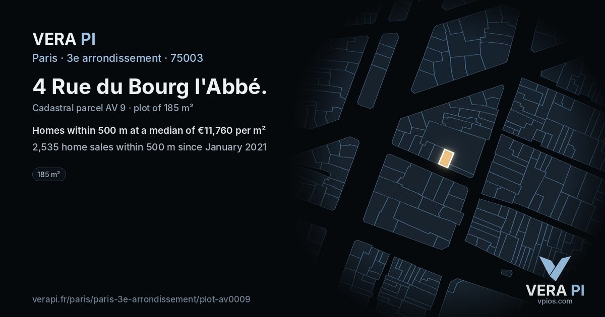 4 Rue du Bourg l'Abbé, 3e arrondissement at night – the plot lit, the parcels around coloured by the prices near them