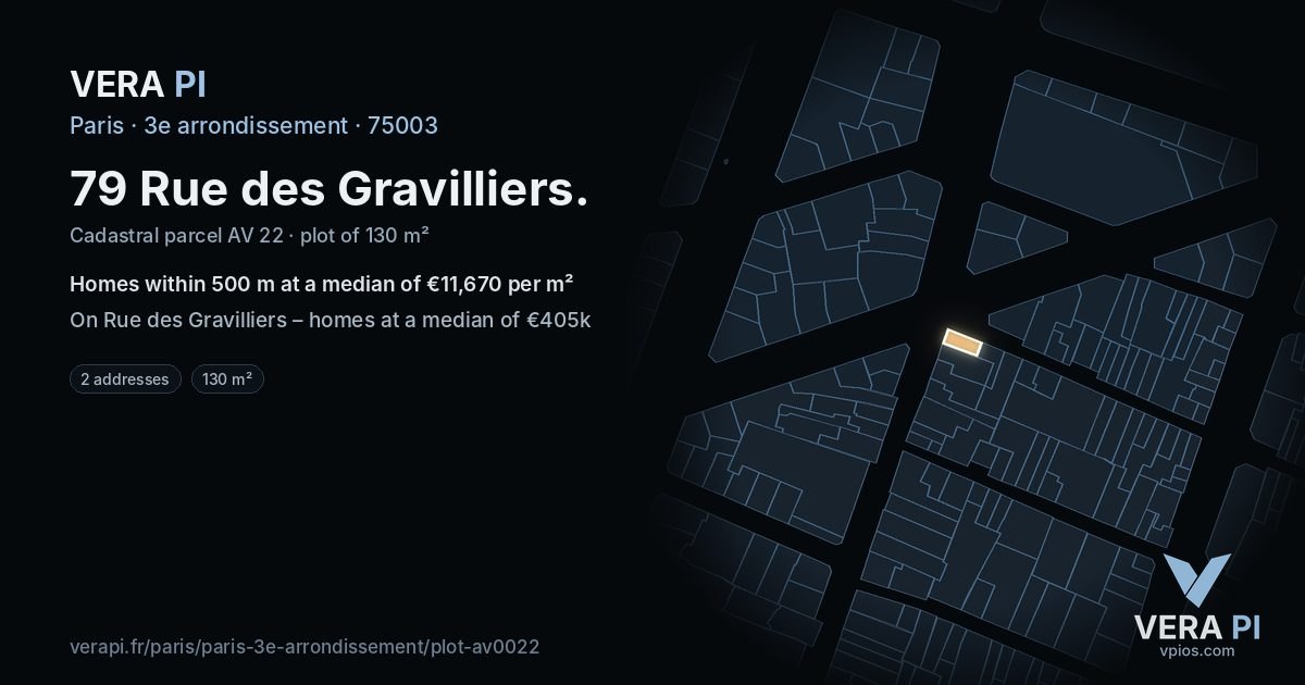 79 Rue des Gravilliers, 3e arrondissement at night – the plot lit, the parcels around coloured by the prices near them