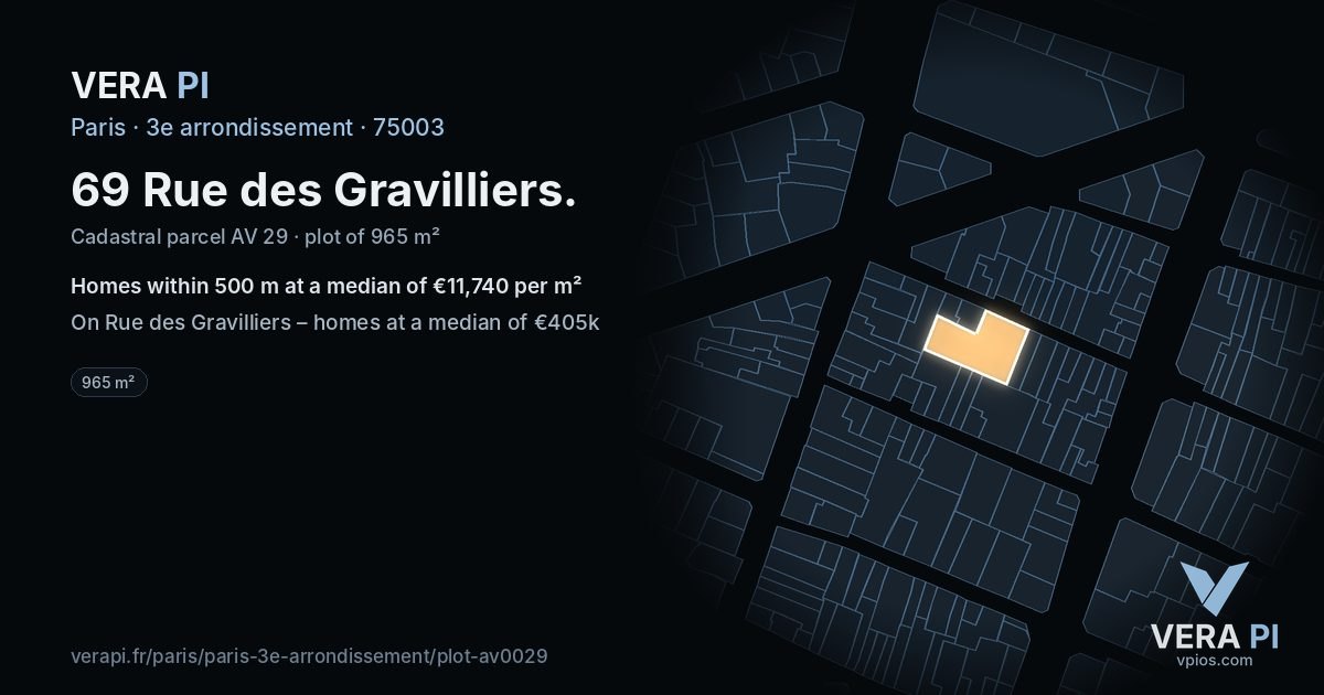69 Rue des Gravilliers, 3e arrondissement at night – the plot lit, the parcels around coloured by the prices near them
