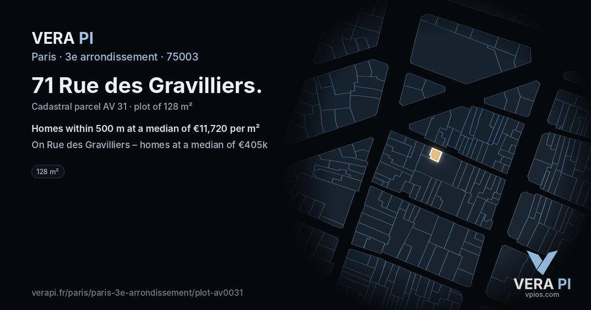71 Rue des Gravilliers, 3e arrondissement at night – the plot lit, the parcels around coloured by the prices near them