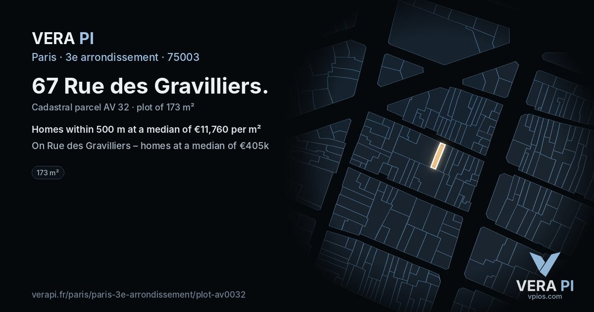 67 Rue des Gravilliers, 3e arrondissement at night – the plot lit, the parcels around coloured by the prices near them
