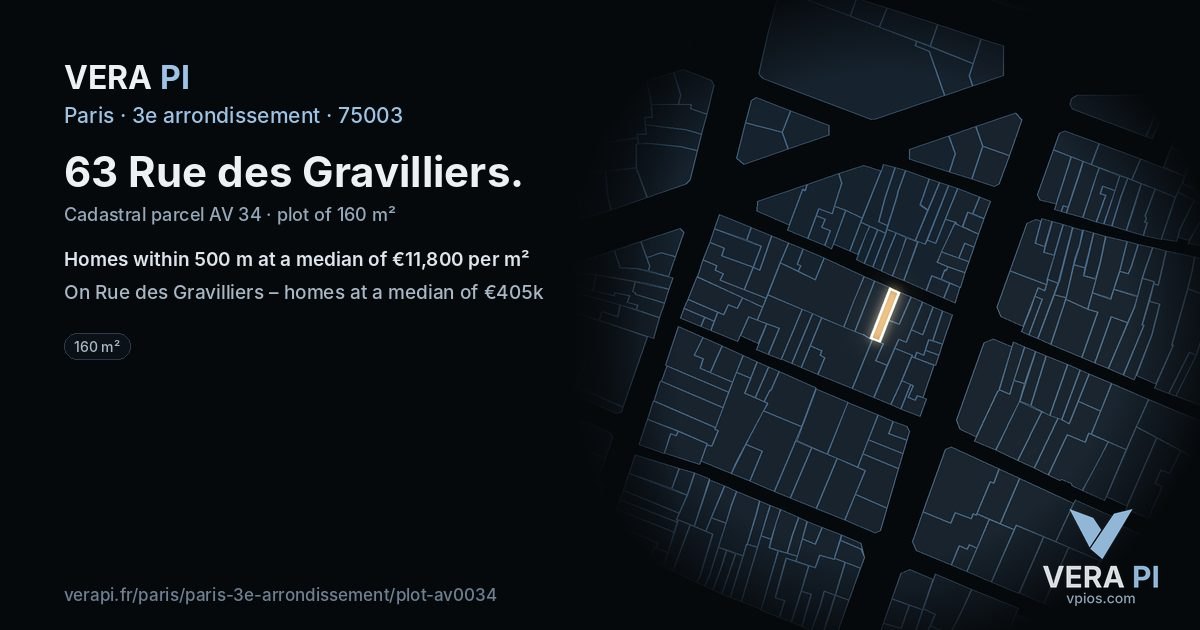 63 Rue des Gravilliers, 3e arrondissement at night – the plot lit, the parcels around coloured by the prices near them