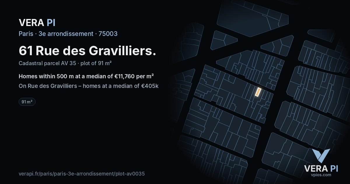 61 Rue des Gravilliers, 3e arrondissement at night – the plot lit, the parcels around coloured by the prices near them
