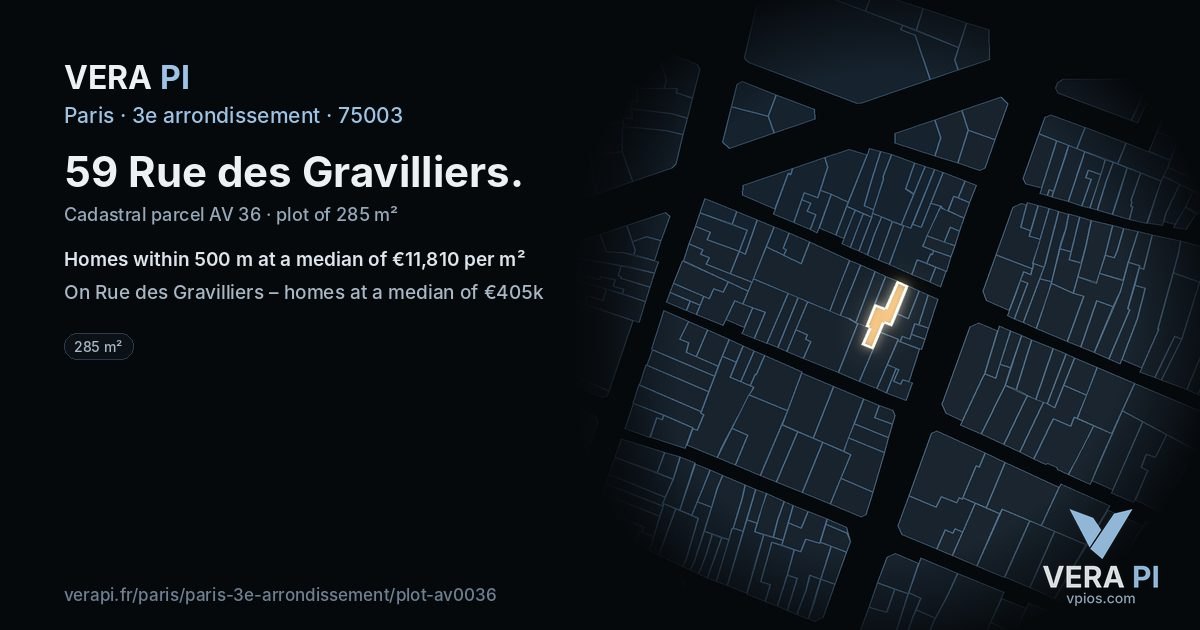 59 Rue des Gravilliers, 3e arrondissement at night – the plot lit, the parcels around coloured by the prices near them