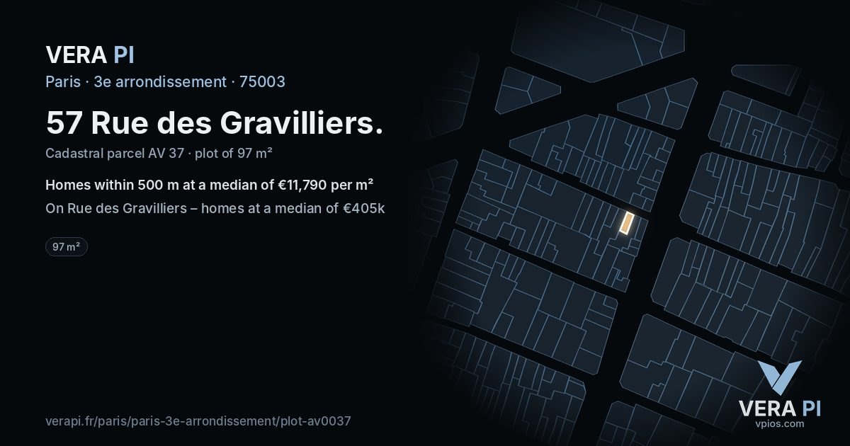 57 Rue des Gravilliers, 3e arrondissement at night – the plot lit, the parcels around coloured by the prices near them