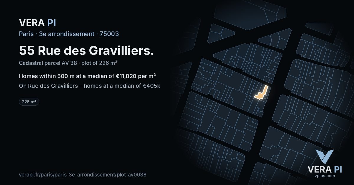 55 Rue des Gravilliers, 3e arrondissement at night – the plot lit, the parcels around coloured by the prices near them
