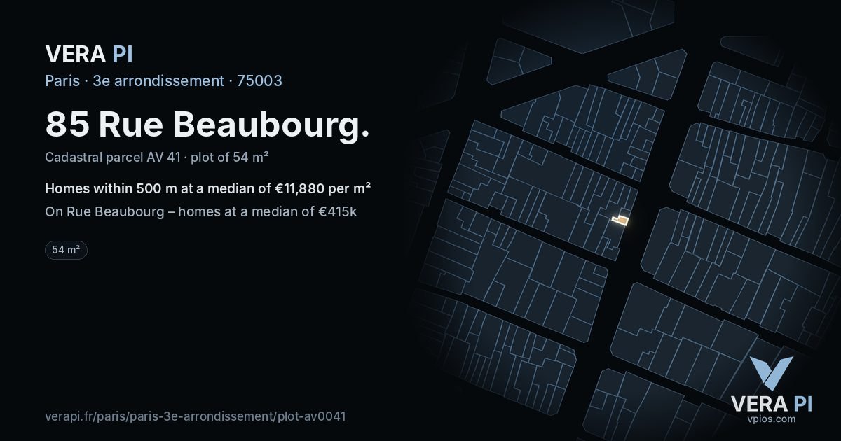 85 Rue Beaubourg, 3e arrondissement at night – the plot lit, the parcels around coloured by the prices near them