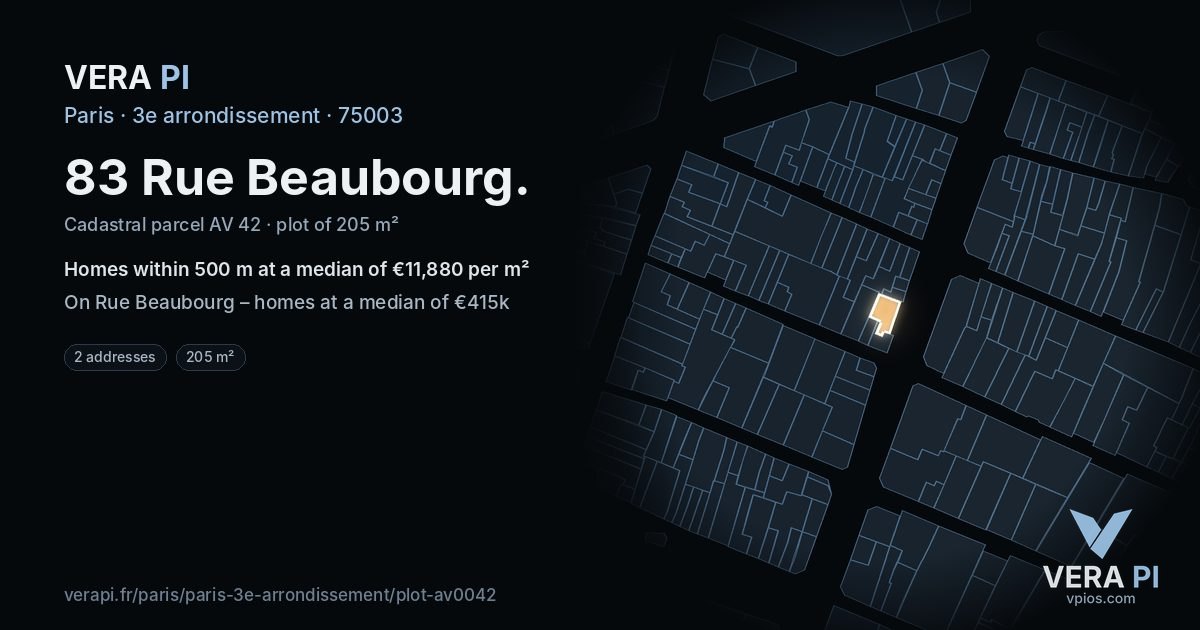 83 Rue Beaubourg, 3e arrondissement at night – the plot lit, the parcels around coloured by the prices near them