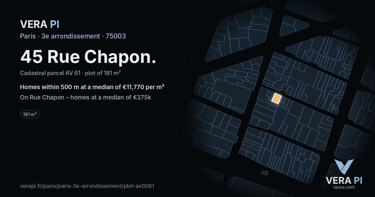 45 Rue Chapon, 3e arrondissement at night – the plot lit, the parcels around coloured by the prices near them