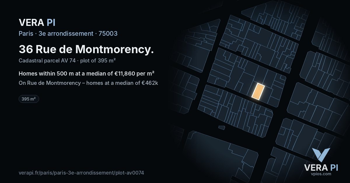 36 Rue de Montmorency, 3e arrondissement at night – the plot lit, the parcels around coloured by the prices near them