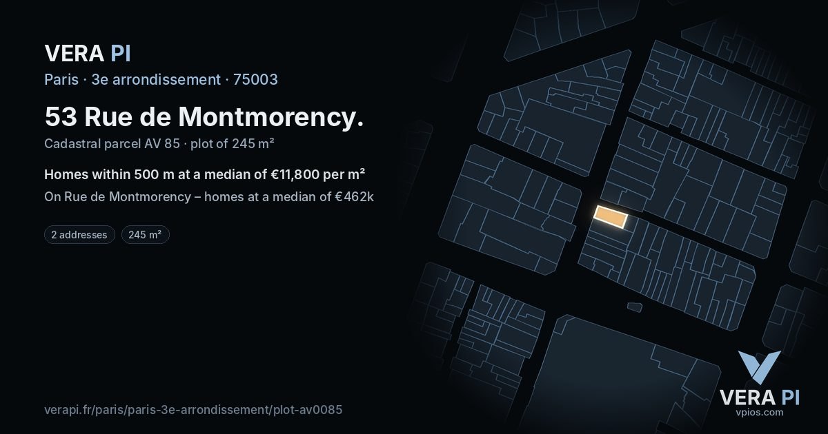 53 Rue de Montmorency, 3e arrondissement at night – the plot lit, the parcels around coloured by the prices near them