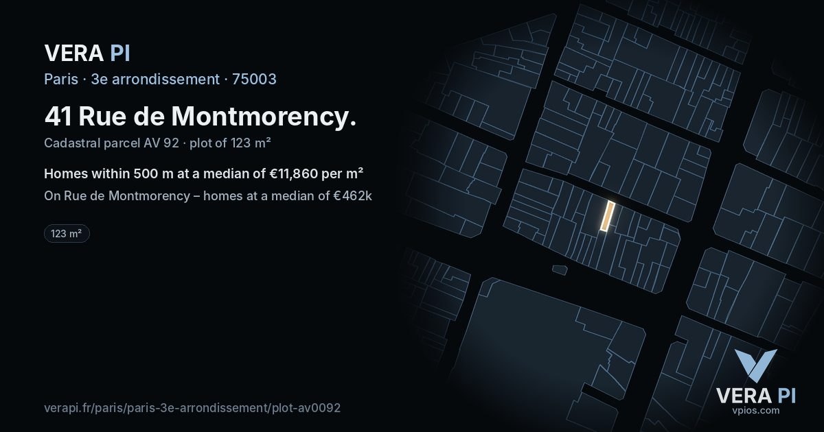 41 Rue de Montmorency, 3e arrondissement at night – the plot lit, the parcels around coloured by the prices near them