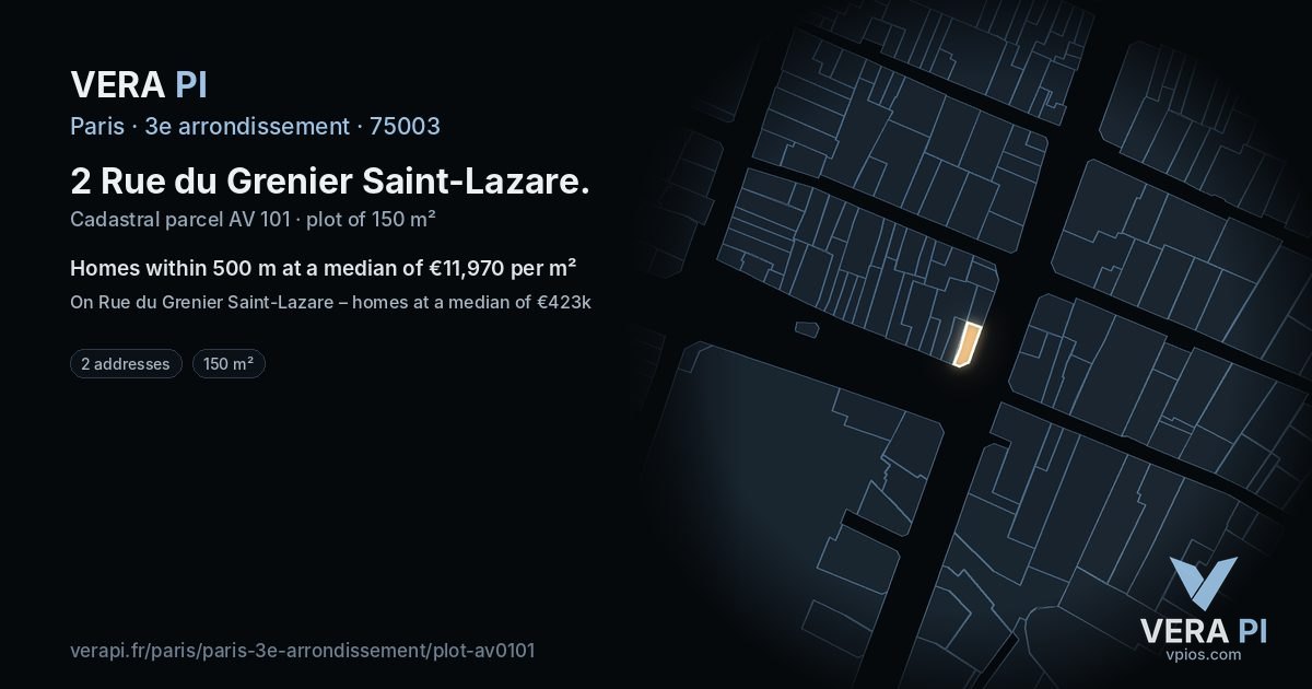 2 Rue du Grenier Saint-Lazare, 3e arrondissement at night – the plot lit, the parcels around coloured by the prices near them