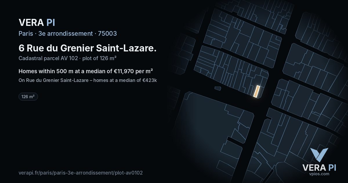 6 Rue du Grenier Saint-Lazare, 3e arrondissement at night – the plot lit, the parcels around coloured by the prices near them