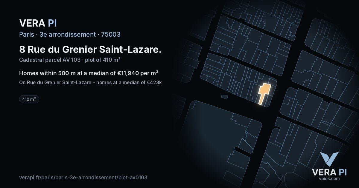 8 Rue du Grenier Saint-Lazare, 3e arrondissement at night – the plot lit, the parcels around coloured by the prices near them