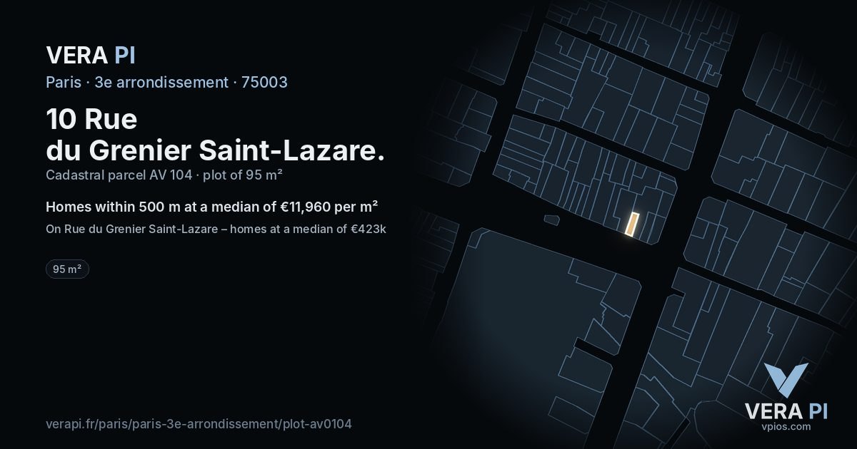 10 Rue du Grenier Saint-Lazare, 3e arrondissement at night – the plot lit, the parcels around coloured by the prices near them