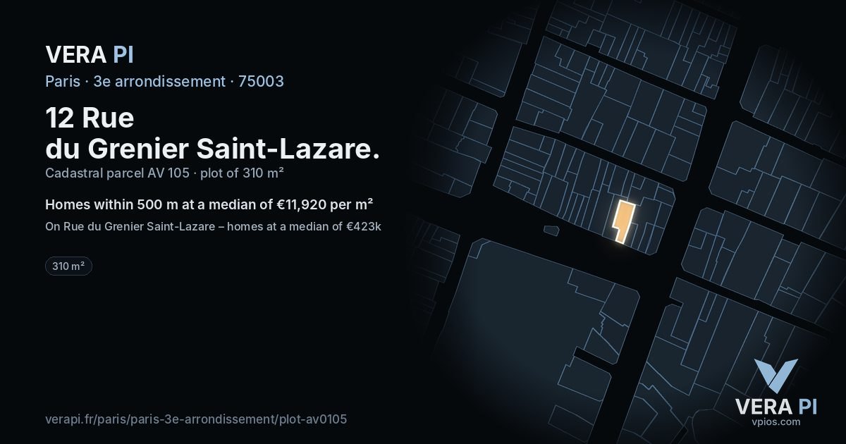 12 Rue du Grenier Saint-Lazare, 3e arrondissement at night – the plot lit, the parcels around coloured by the prices near them