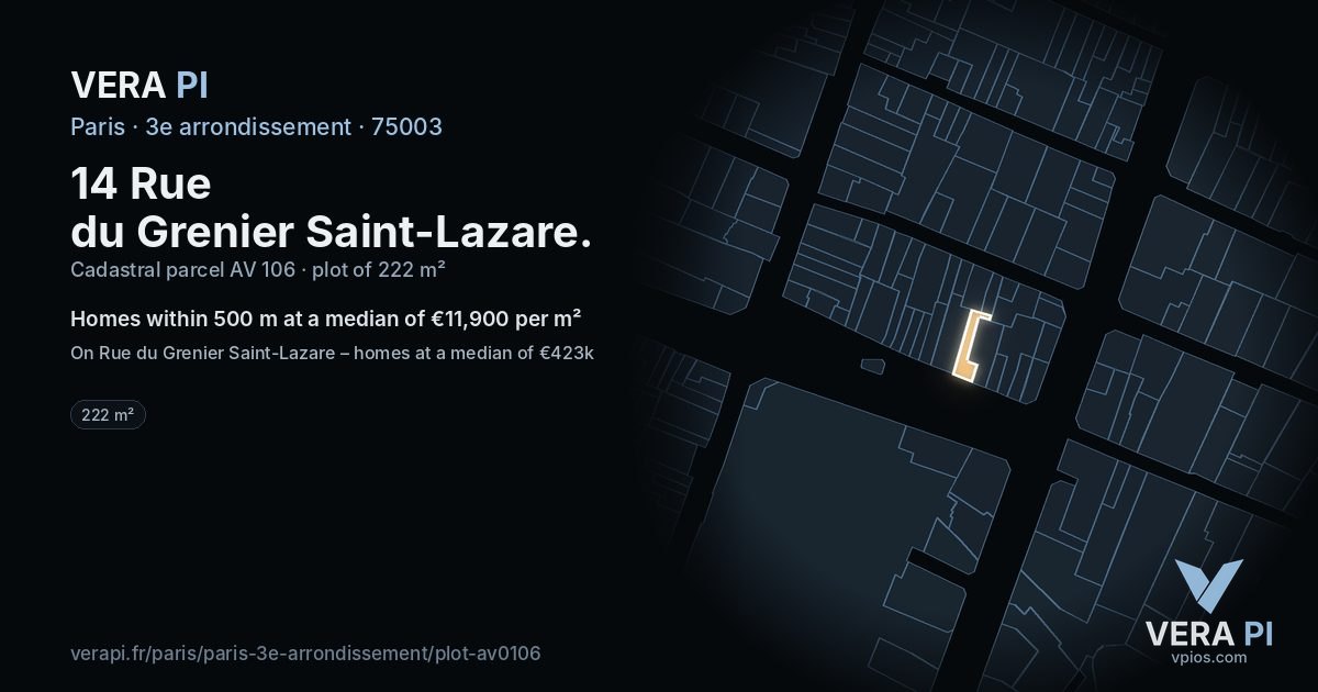 14 Rue du Grenier Saint-Lazare, 3e arrondissement at night – the plot lit, the parcels around coloured by the prices near them