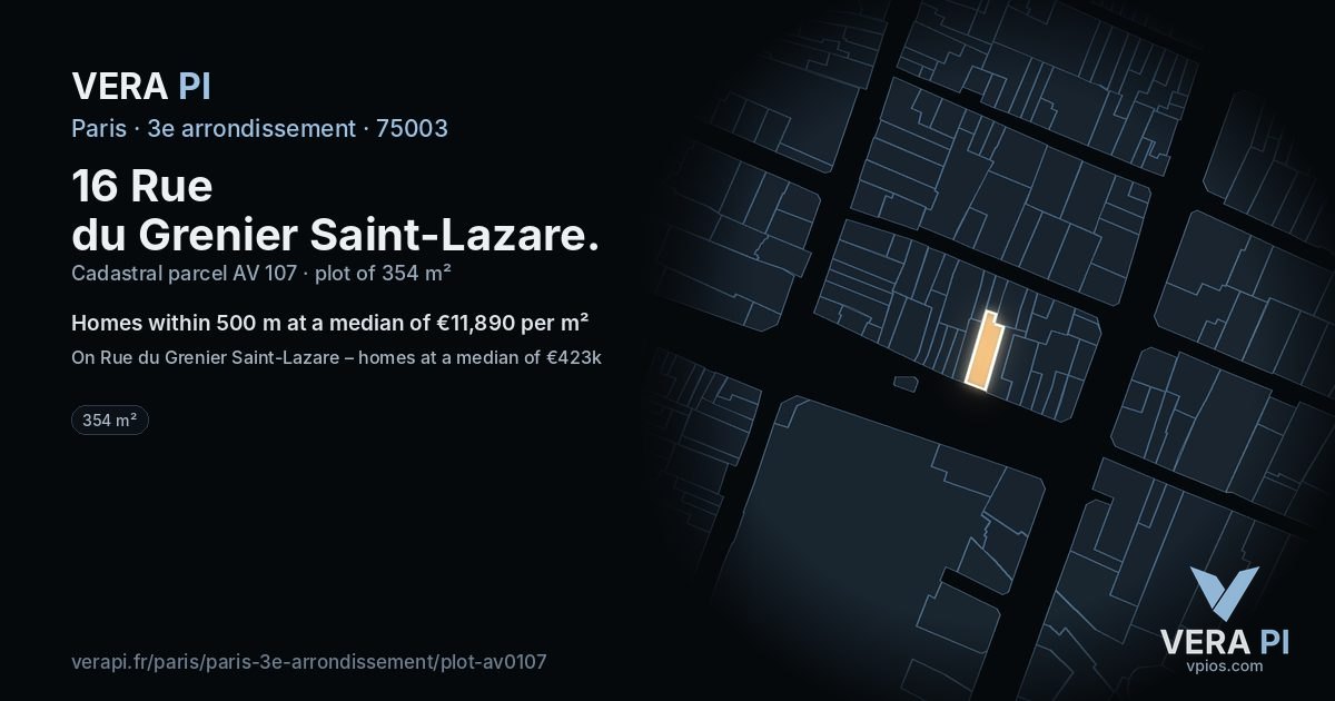 16 Rue du Grenier Saint-Lazare, 3e arrondissement at night – the plot lit, the parcels around coloured by the prices near them