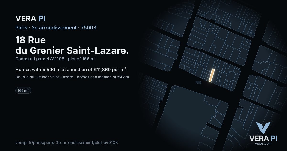 18 Rue du Grenier Saint-Lazare, 3e arrondissement at night – the plot lit, the parcels around coloured by the prices near them