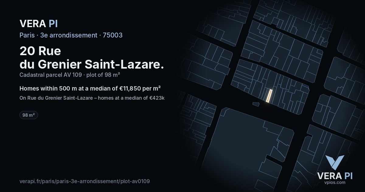 20 Rue du Grenier Saint-Lazare, 3e arrondissement at night – the plot lit, the parcels around coloured by the prices near them
