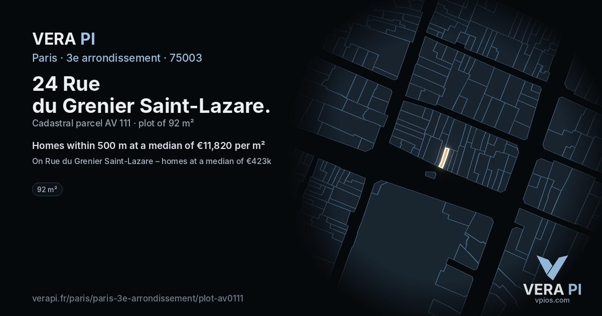 24 Rue du Grenier Saint-Lazare, 3e arrondissement at night – the plot lit, the parcels around coloured by the prices near them