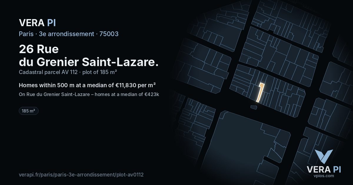 26 Rue du Grenier Saint-Lazare, 3e arrondissement at night – the plot lit, the parcels around coloured by the prices near them