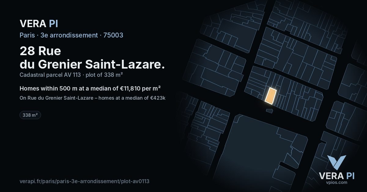 28 Rue du Grenier Saint-Lazare, 3e arrondissement at night – the plot lit, the parcels around coloured by the prices near them