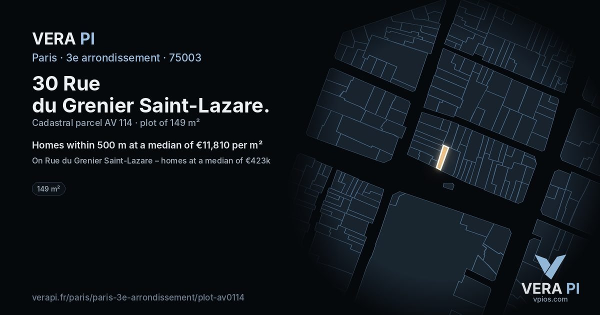 30 Rue du Grenier Saint-Lazare, 3e arrondissement at night – the plot lit, the parcels around coloured by the prices near them