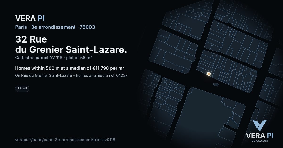 32 Rue du Grenier Saint-Lazare, 3e arrondissement at night – the plot lit, the parcels around coloured by the prices near them