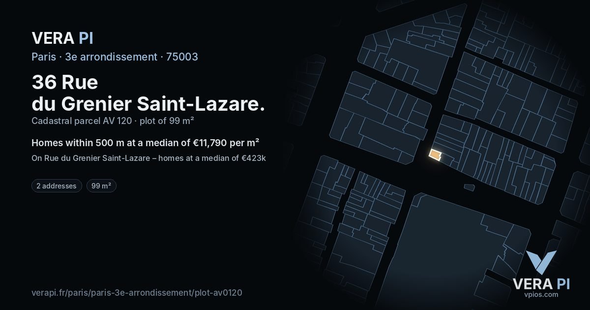 36 Rue du Grenier Saint-Lazare, 3e arrondissement at night – the plot lit, the parcels around coloured by the prices near them