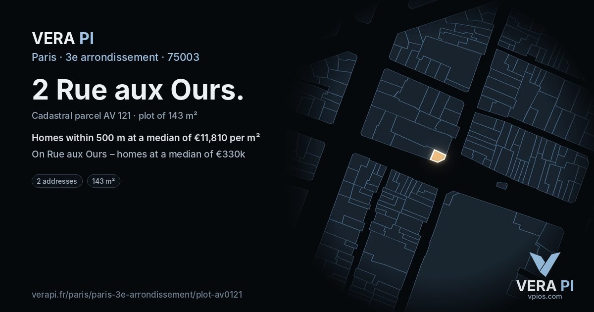 2 Rue aux Ours, 3e arrondissement at night – the plot lit, the parcels around coloured by the prices near them