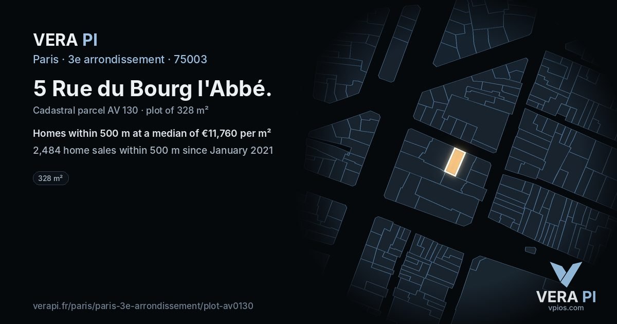 5 Rue du Bourg l'Abbé, 3e arrondissement at night – the plot lit, the parcels around coloured by the prices near them