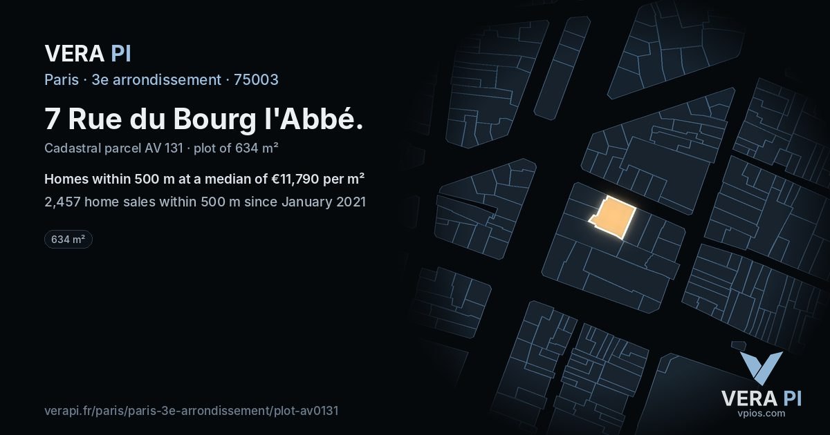 7 Rue du Bourg l'Abbé, 3e arrondissement at night – the plot lit, the parcels around coloured by the prices near them